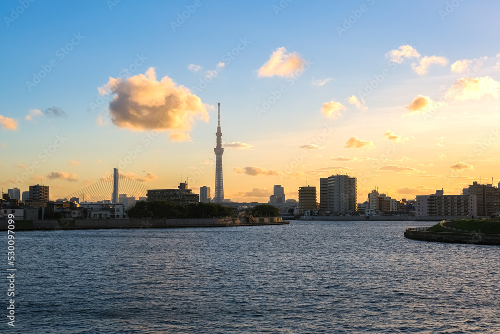 東京都葛飾区 中川奥戸展望デッキから見える夕暮れの風景