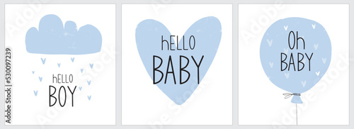 Baby Shower Vector Illustrations ideal for Card. Poster. Hello Boy. Blue Fluffy Cloud with Rain of Hearts, Blue Big Heart, Air Balloon with Heart Print on a White Background. Hello Baby. Oh Baby.
