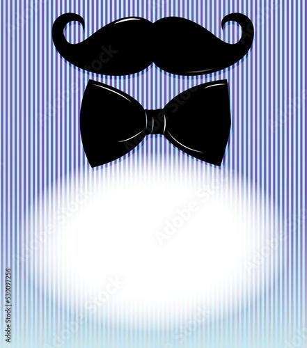 A postcard with a mustache and a bow tie on a blue background. For men.