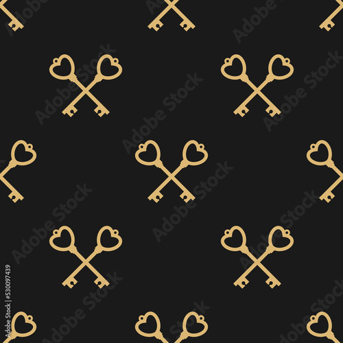 Magic golden keys with heart. Vector retro romantic pattern on black. Catch luck, tint, hint concept. Love mystery or clue wallpaper. Fairytale, fantasy wonderland background. St. Valentine symbol photo