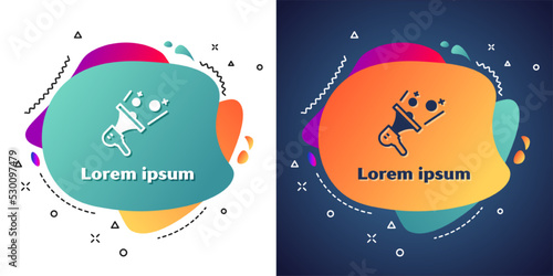 White Female movement, feminist activist with banner and placards icon isolated on white and blue background. Feminist rights movement, feminism sisterhood. Abstract banner with liquid shapes. Vector