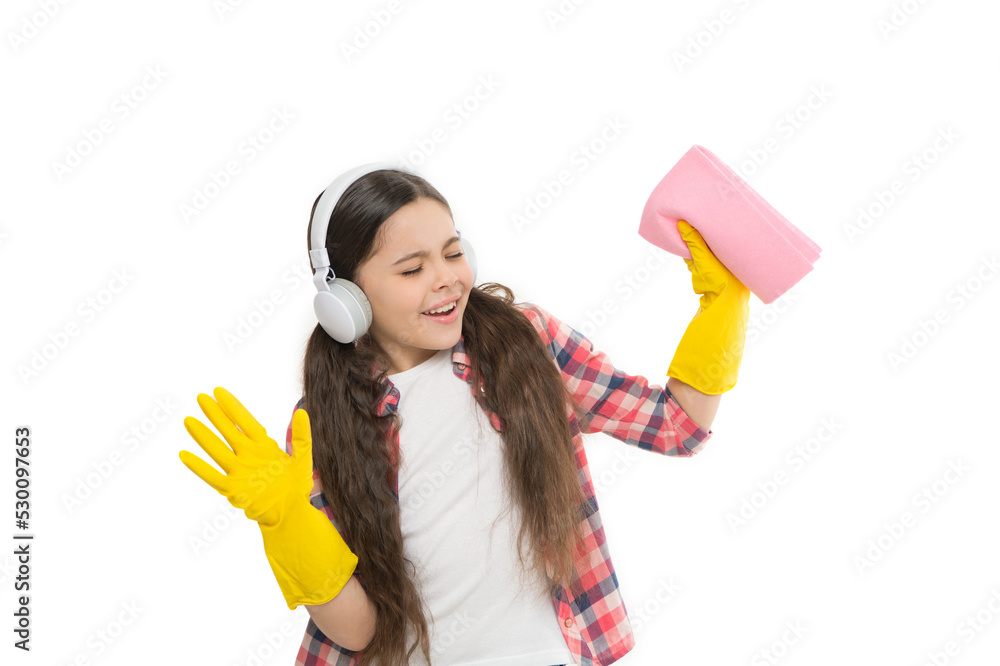 need help. Cleaning supplies. small girl earphones in yellow rubber gloves. happy cleaning sunday. listen music while housekeeping. Make household more joyful. child having fun. Cleaning worries away need help. Cleaning supplies. small girl earphones in yellow rubber gloves. happy cleaning sunday. listen music while housekeeping. Make household more joyful. child having fun. Cleaning worries away