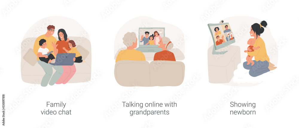 Family online communication isolated cartoon vector illustration set. Family members sit on sofa, having video chat, talking online with grandparents, young parents show newborn vector cartoon.