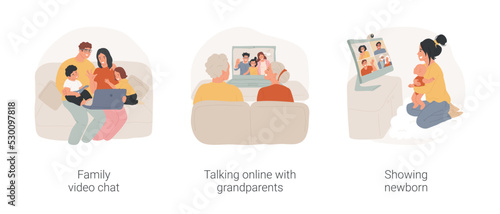 Family online communication isolated cartoon vector illustration set. Family members sit on sofa, having video chat, talking online with grandparents, young parents show newborn vector cartoon.