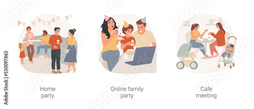 Friends gathering isolated cartoon vector illustration set. Home party with friends, children play, two women meeting in cafe, family online celebration, digital communication vector cartoon.
