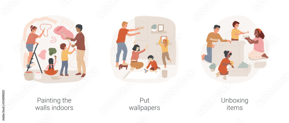 Home renovation isolated cartoon vector illustration set. Painting the walls indoors, happy family doing house renovation, put wallpapers, unboxing items, children help parents vector cartoon.