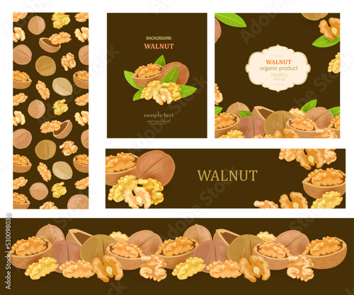 collection of package design element with walnuts on brown backg