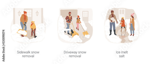 Winter outdoor works isolated cartoon vector illustration set. Sidewalk snow removal, family working outdoors, driveway snow removal, put ice melt salt, winter backyard maintenance vector cartoon.