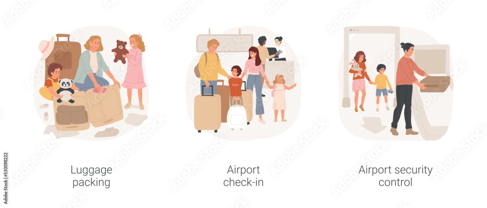Going on vacation isolated cartoon vector illustration set. Luggage fun packing, get ready for vacation, family make airport check-in, stand in line, go through security control vector cartoon.