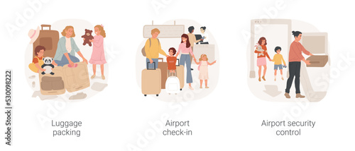 Going on vacation isolated cartoon vector illustration set. Luggage fun packing, get ready for vacation, family make airport check-in, stand in line, go through security control vector cartoon.