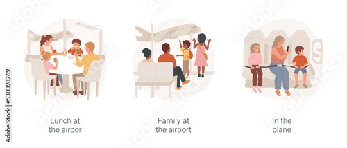 Family at the airport isolated cartoon vector illustration set. Lunch in the airport, family members sit in cafe in departure zone, child watching airplane, look in the plane window vector cartoon.