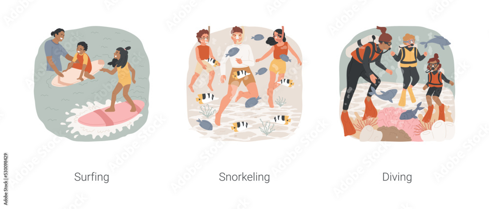 Seaside recreation isolated cartoon vector illustration set. Family surfing class, children stand up on surfboard, snorkeling, swimming with mask, diving together, seaside activity vector cartoon. Seaside recreation isolated cartoon vector illustration set. Family surfing class, children stand up on surfboard, snorkeling, swimming with mask, diving together, seaside activity vector cartoon.