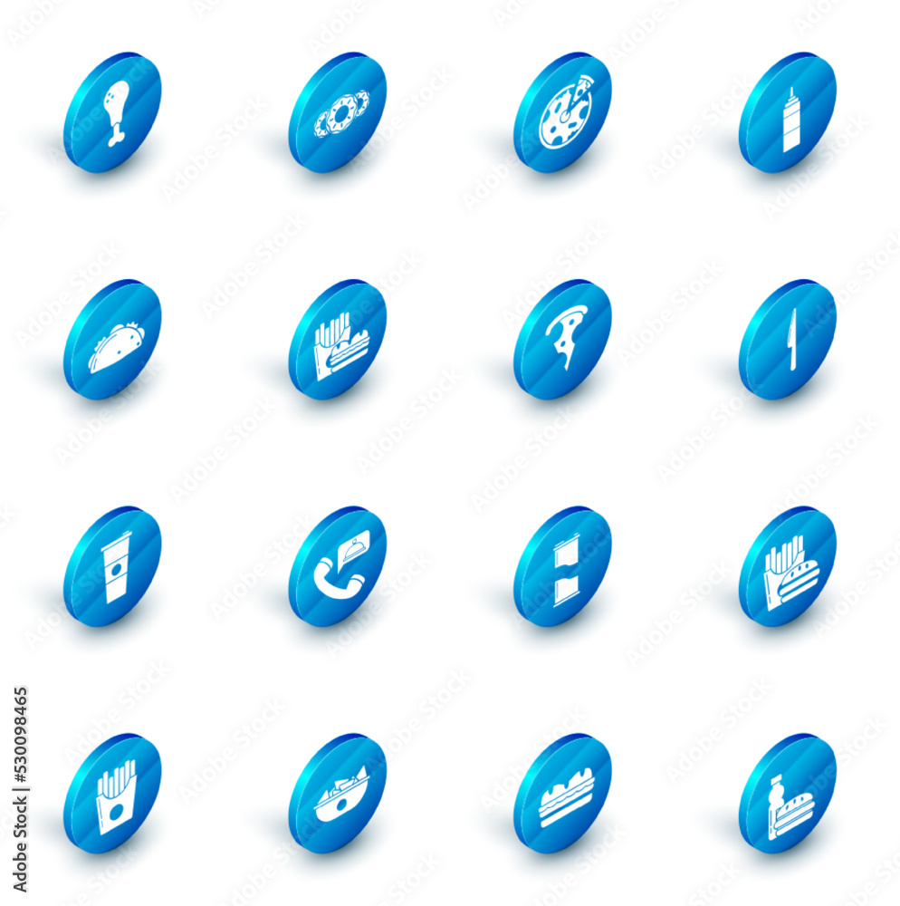 Set Donut with sweet glaze, Pizza, Sauce bottle, Taco tortilla, Paper glass and water, Burger french fries in carton package box, Knife and Slice of pizza icon. Vector Set Donut with sweet glaze, Pizza, Sauce bottle, Taco tortilla, Paper glass and water, Burger french fries in carton package box, Knife and Slice of pizza icon. Vector