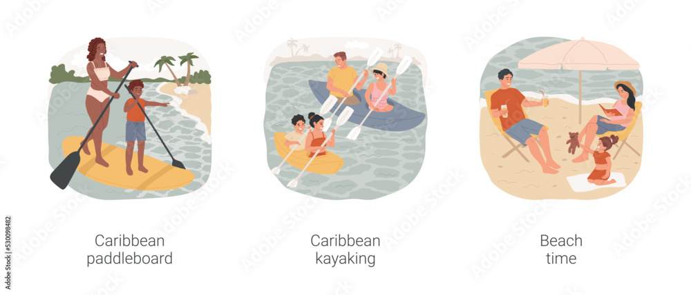 Carribbean holiday isolated cartoon vector illustration set. Caribbean sea paddleboard, SUP board rental, tropical kayaking, parents and kids paddling, exotic destination beach time vector cartoon.