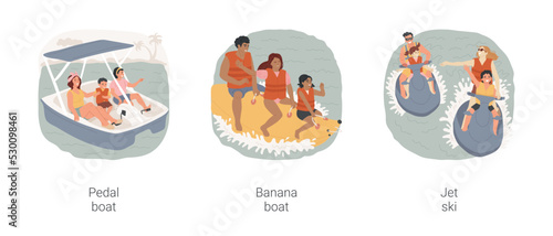 Seaside activities isolated cartoon vector illustration set. Pedal boat rental, sea cycling, family riding banana, having fun, sit on jet ski, holiday resort entertainment vector cartoon.