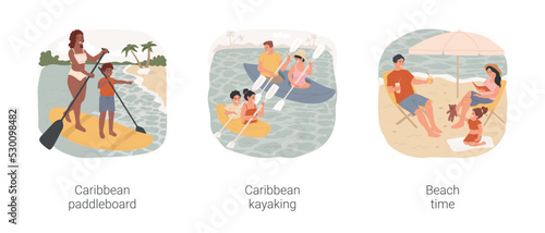 Carribbean holiday isolated cartoon vector illustration set. Caribbean sea paddleboard, SUP board rental, tropical kayaking, parents and kids paddling, exotic destination beach time vector cartoon.
