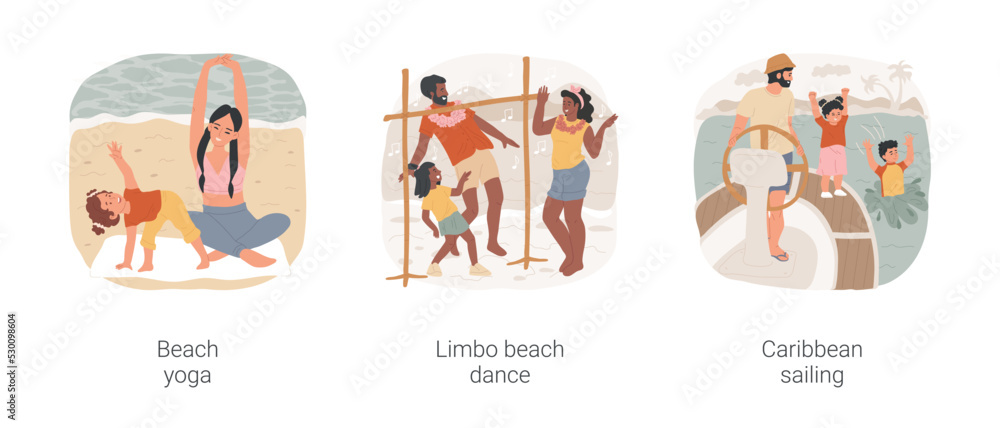 Summer holiday activities isolated cartoon vector illustration set. Beach yoga class, seaside activity, limbo dance, beach fun, caribbean sailing, family riding small yacht vector cartoon.