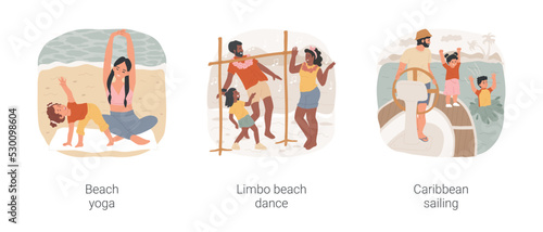 Summer holiday activities isolated cartoon vector illustration set. Beach yoga class, seaside activity, limbo dance, beach fun, caribbean sailing, family riding small yacht vector cartoon. © Vector Juice