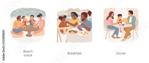 Holiday resort meal isolated cartoon vector illustration set. People snacking at beach bar, eating with seaview, hotel buffet breakfast, dinner a la carte menu, family in restaurant vector cartoon.