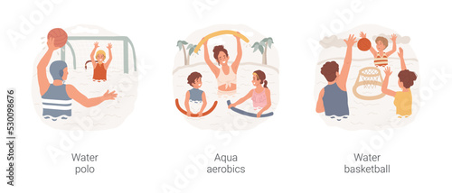 Swimming pool activities isolated cartoon vector illustration set. Play water polo, swimming pool game, family do aqua aerobics, poolside basketball, throwing a ball in small hoop vector cartoon.