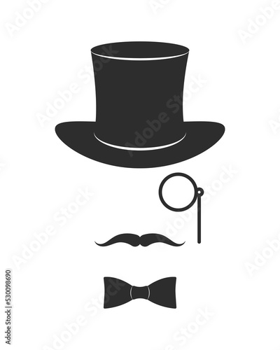 Set of gentleman victorian era silhouette set. Top hat, monocle, mustache, bow tie.
