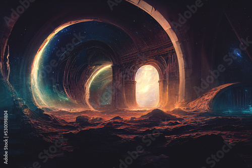 Fantasy fractal portal neon tunnel, magical mysterious majestic landscape, antiquity and modernity, unreal world. 3D illustration. photo