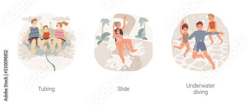 Water park rides isolated cartoon vector illustration set. Aquatic tubing, family sitting on a big inflated tube, slide ride, making a splash, jumping in water, underwater diving vector cartoon.