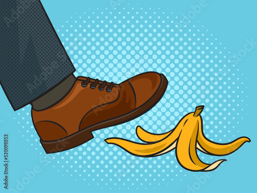 man steps on banana peel pinup pop art retro vector illustration. Comic book style imitation.