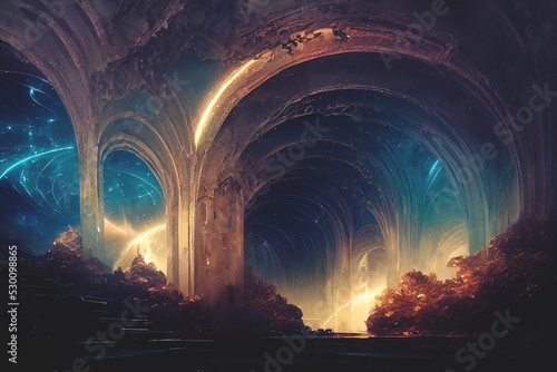 Photographie Fantasy fractal portal neon tunnel, magical mysterious majestic landscape, antiquity and modernity, unreal world
