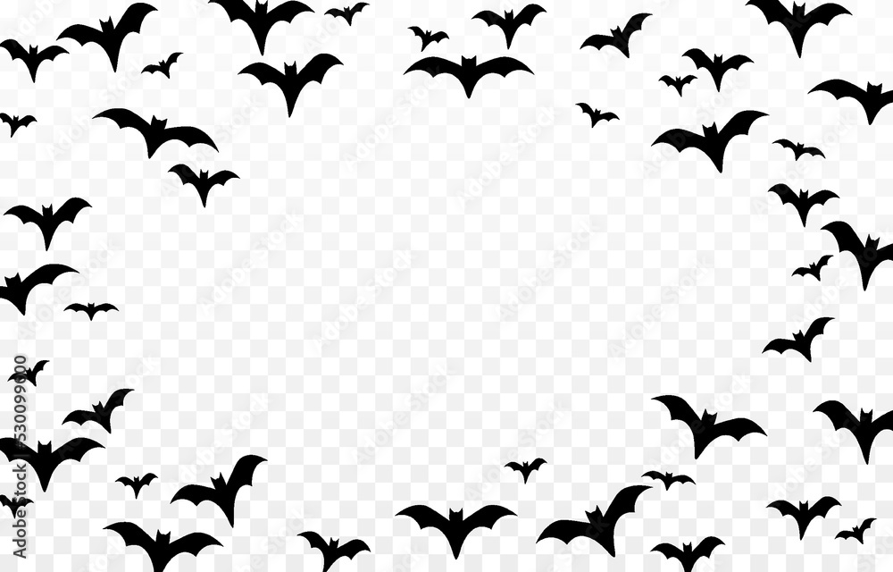 Vector set of bats on an isolated transparent background. Silhouette of bats PNG. Halloween bats PNG. Black bats.