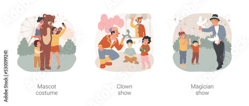 Amusement park shows isolated cartoon vector illustration set. Kid hug man in life-size costume, bear mascot, watch clown show, magician show trick to children, wizard performance vector cartoon.