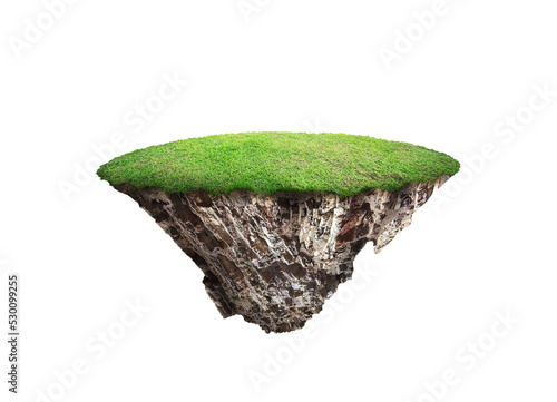 round soil ground cross section with earth land and green grass. fantasy floating island with natural on the rock, surreal float landscape with paradise concept isolated on white background. 3d illust