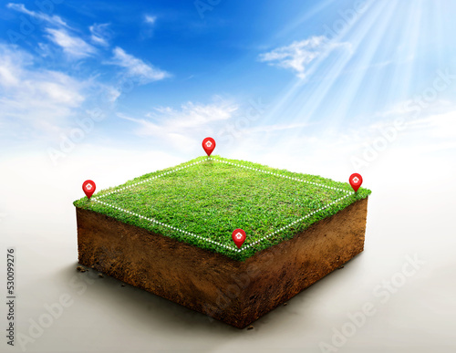 House symbol with location pin icon on cubical soil land geology cross section with green grass, ground ecology isolated on blue sky. real estate sale or property investment concept. 3d illustration.