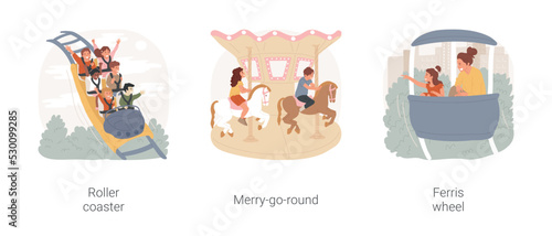 Amusement park rides isolated cartoon vector illustration set. Kids on colorful roller coaster, merry-go-round, children riding toy horses, family sit in a ferris wheel cabin, vector cartoon.