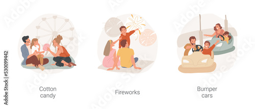 Amusement park visit isolated cartoon vector illustration set. Family eating cotton candy together, parents and kids watching fireworks, light show, bumper car ride, have fun vector cartoon.