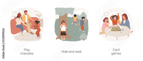 Fun games isolated cartoon vector illustration set. Family playing charades, hide-and-seek game outdoor, kid-friendly tabletop card game, happy winner, happy people vector cartoon.