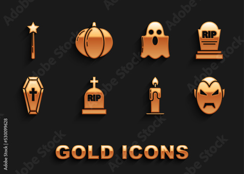 Set Tombstone with RIP  Vampire  Burning candle  Coffin christian cross  Ghost  Magic wand and Pumpkin icon. Vector