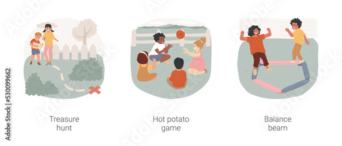 Kids favorite games isolated cartoon vector illustration set. Treasure hunt, family leisure time, child holding map, hot potato game, catch-and-throw, backyard balance beam, vector cartoon.
