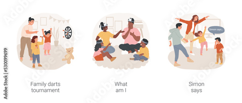 Kids party games isolated cartoon vector illustration set. Family darts tournament, child aiming in the center, What am I, Simon says, toddler standing in funny pose, game night vector cartoon.
