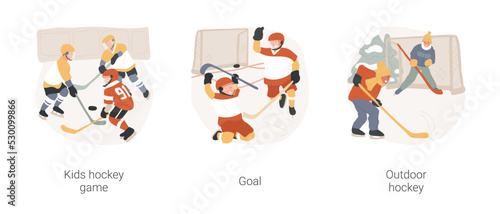 Ice hockey isolated cartoon vector illustration set. Kids hockey tournament, children playing indoors, wearing uniform, scored the puck, happy with goal, outdoor rink, casual game vector cartoon. © Vector Juice