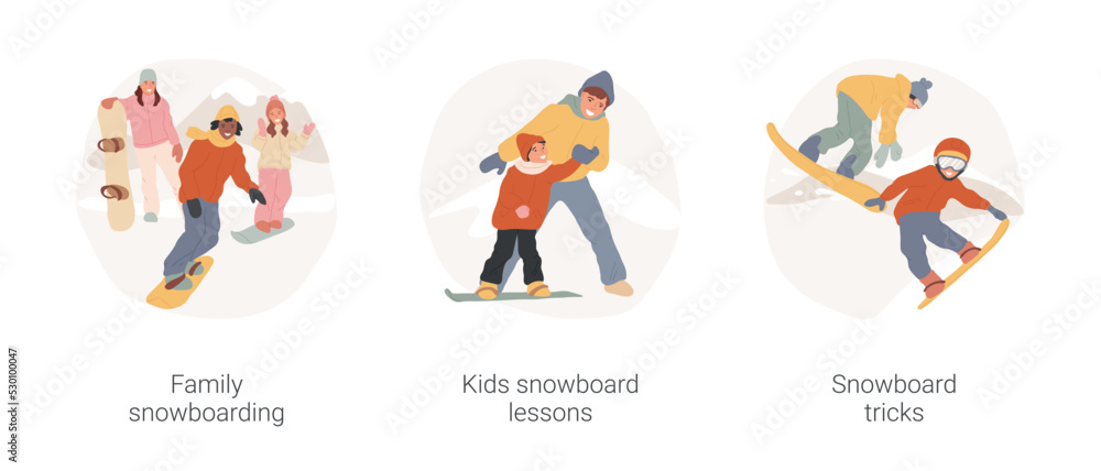 Snowboarding isolated cartoon vector illustration set. Family riding down the slope together, winter resort, take snowboarding lesson, young teen making trick, extreme sport vector cartoon.