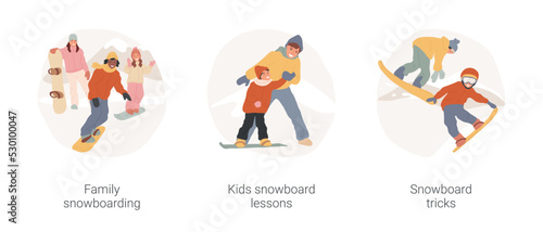 Snowboarding isolated cartoon vector illustration set. Family riding down the slope together, winter resort, take snowboarding lesson, young teen making trick, extreme sport vector cartoon.