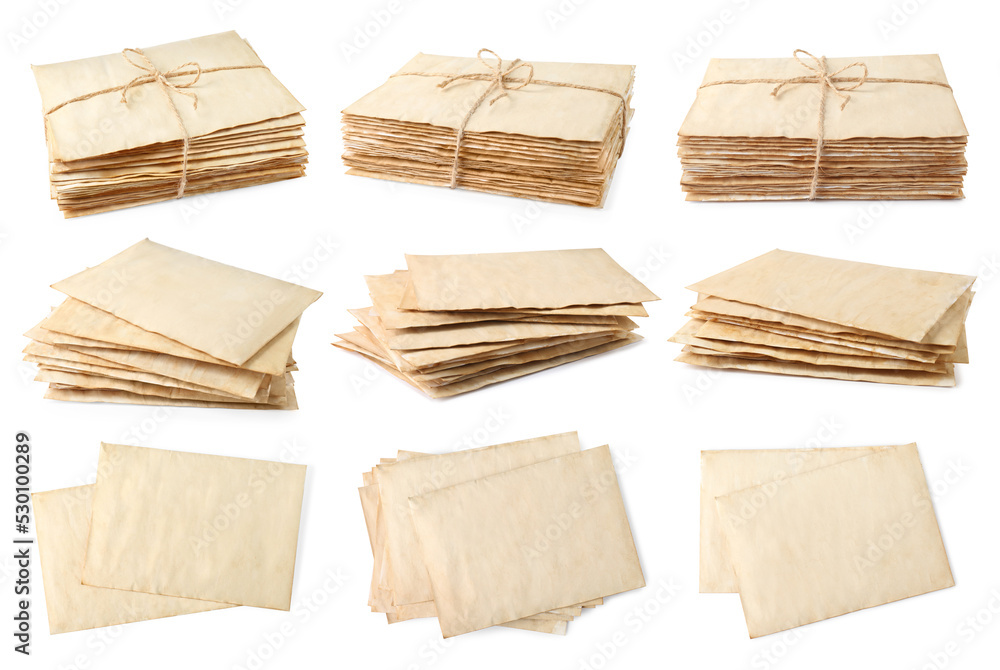 Set with stacks of old letters on white background Set with stacks of old letters on white background