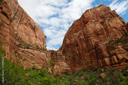 Towering, impressive red rock formations at Zion National Park 