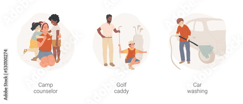 Summer job for teenagers isolated cartoon vector illustration set. Camp counselor, socializing with children, summer camp, gold caddy, boy carry equipment, car washing part-time job vector cartoon.