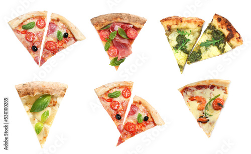 Set with slices of different pizzas on white background, top view