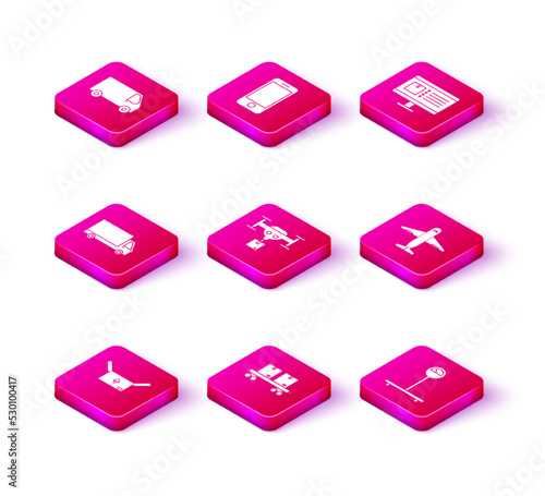 Set Cardboard box with traffic symbol, Railway carriage, Delivery cargo truck vehicle, drone the package, Scale, Plane, Computer monitor app delivery tracking and Mobile phone icon. Vector