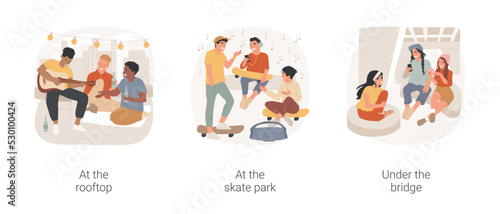 Having good time isolated cartoon vector illustration set. Diverse teens hanging out together at the rooftop, leisure time at the skate park, teenage girls skating under the bridge vector cartoon.