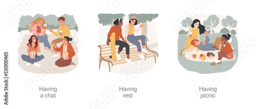 Hanging out in the park isolated cartoon vector illustration set. Teens snacking and chatting, teenage couple having rest with skateboard, picnic in the park, sitting on the grass vector cartoon. © Vector Juice