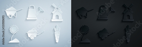 Set Wheelbarrow with dirt, Windmill, Sunflower, Carrot, Watering can and icon. Vector
